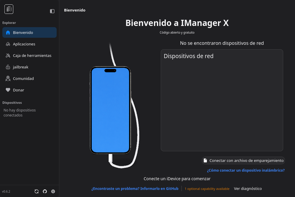 Ventana de IManager X en el escritorio, con el panel lateral de herramientas y la lista de dispositivos.